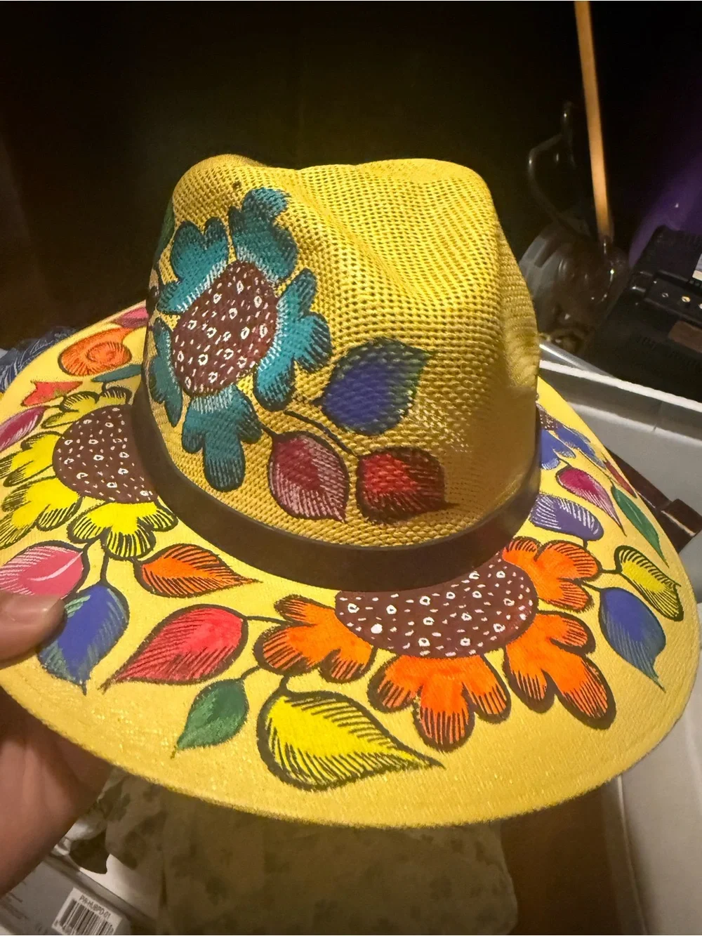 Kids Yellow Sunflower Print Straw Hat with Black Band